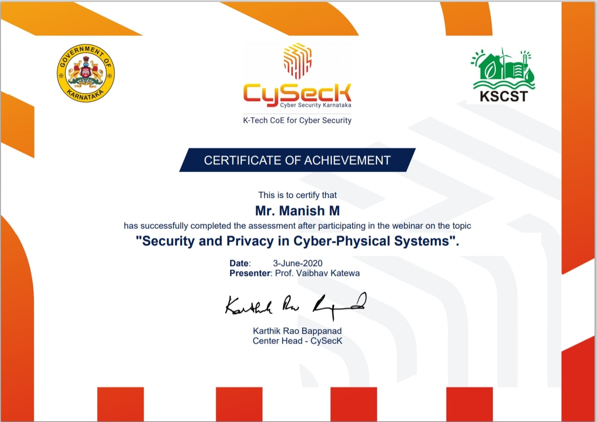 Cybersecurity Karnataka Security and Privacy in CPS certificate